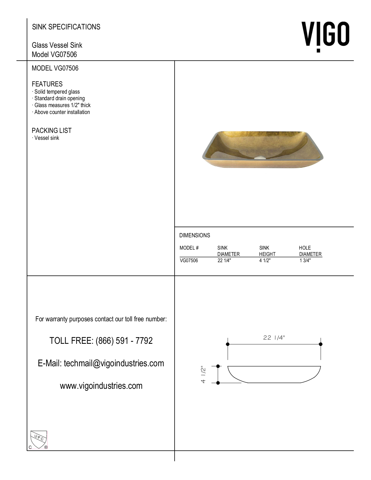 Vigo VGT009BNRCT, VGT513, VGT512 Specifications