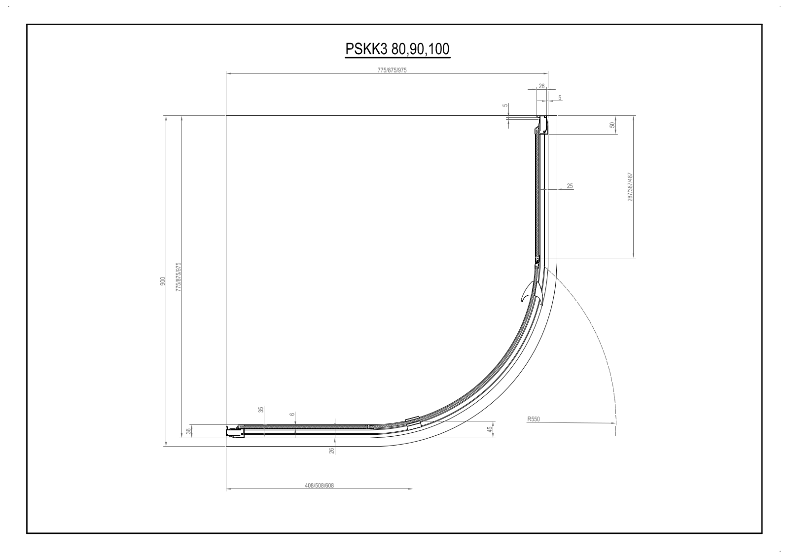 Ravak PIVOT PSKK3 80, PIVOT PSKK3 90, PIVOT PSKK3 100 Dimensions