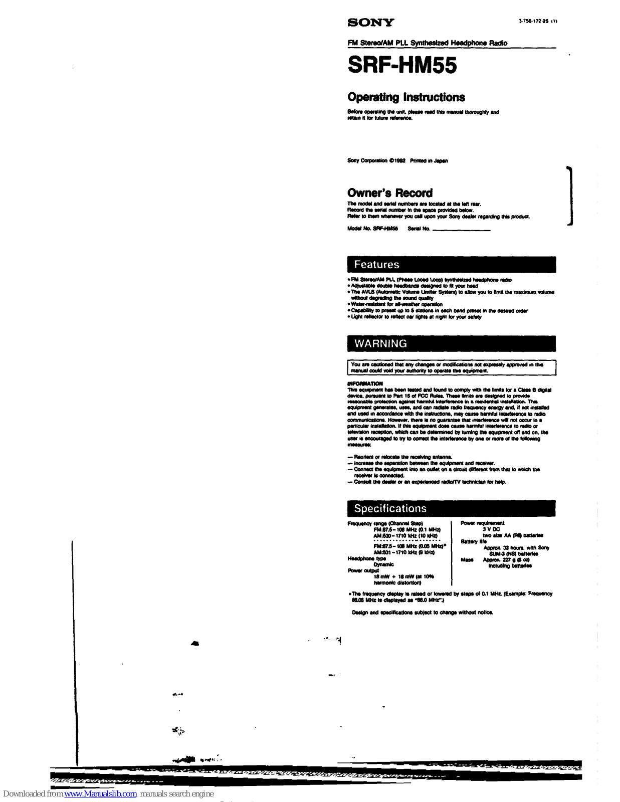 Sony Walkman SRF-HM55 Operating Instructions Manual