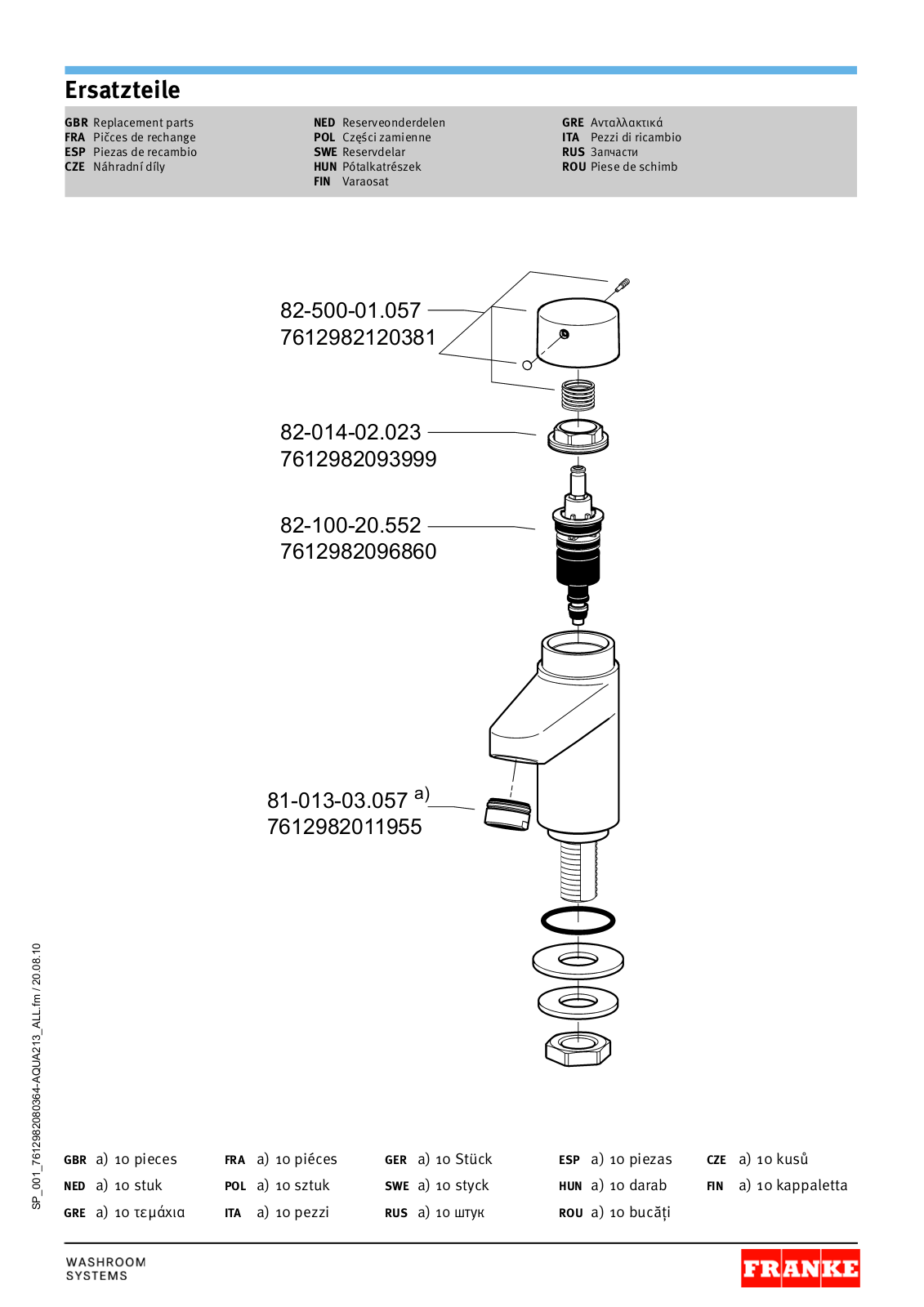 Franke Foodservice AQUA213 Parts List