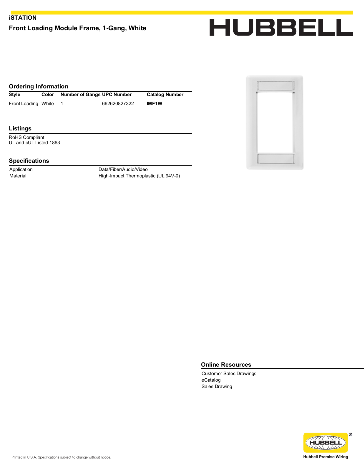 Hubbell IMF1W Specifications