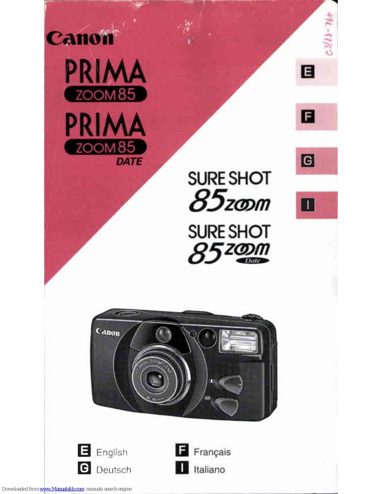 Canon Prima Zoom 85, Prima Zoom 85 Date, Sure Shot 85 Zoom Date Instructions Manual