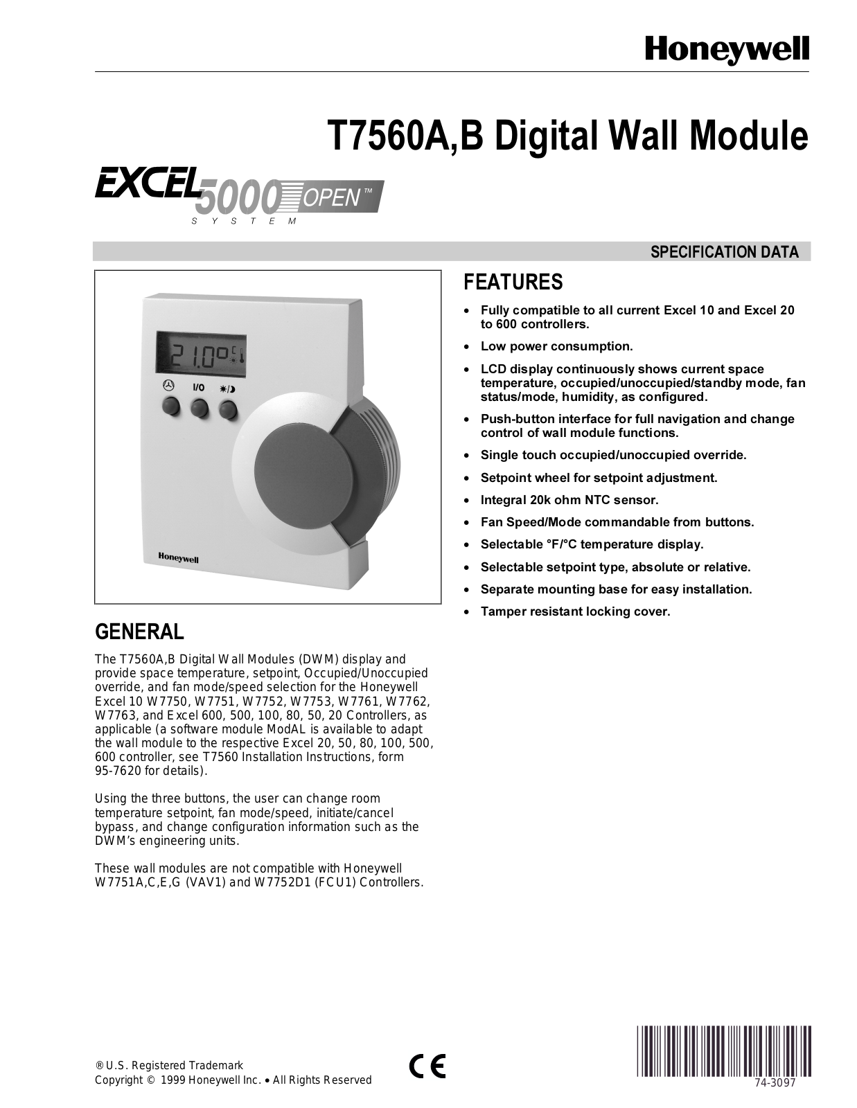 Honeywell T7560A, T7560B Data Sheet