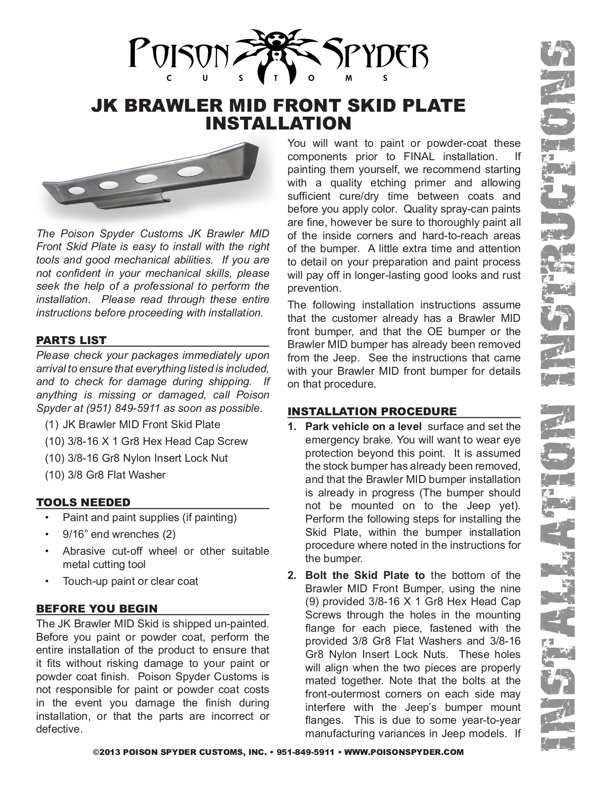 Poison Spyder JK BRAWLER MID FRONT SKID PLATE User Manual