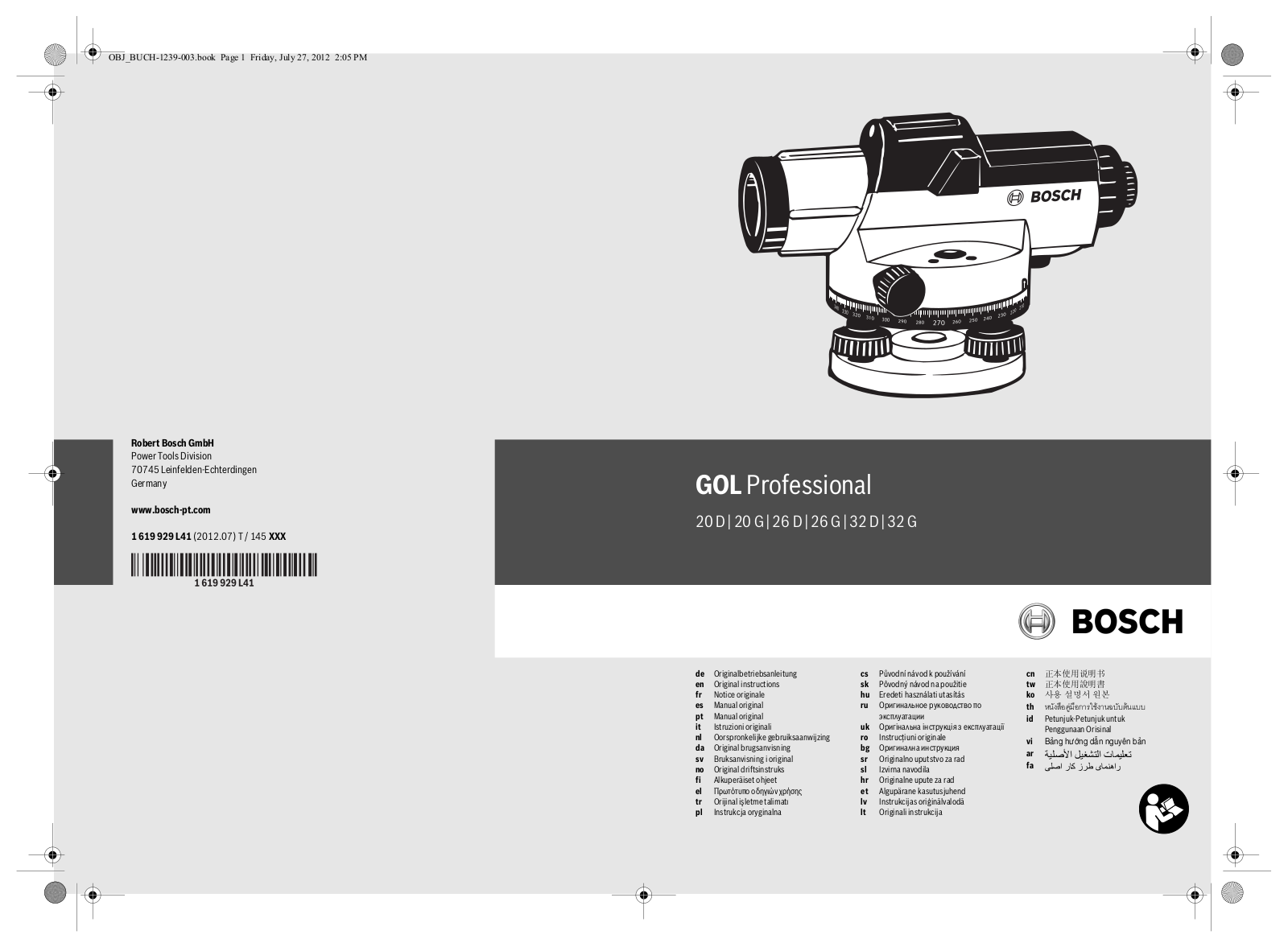 Bosch GOL 20 D Professional, GOL  20 G Professional, GOL  26 D Professional, GOL  26 G Professional, GOL  32 D Professional User guide