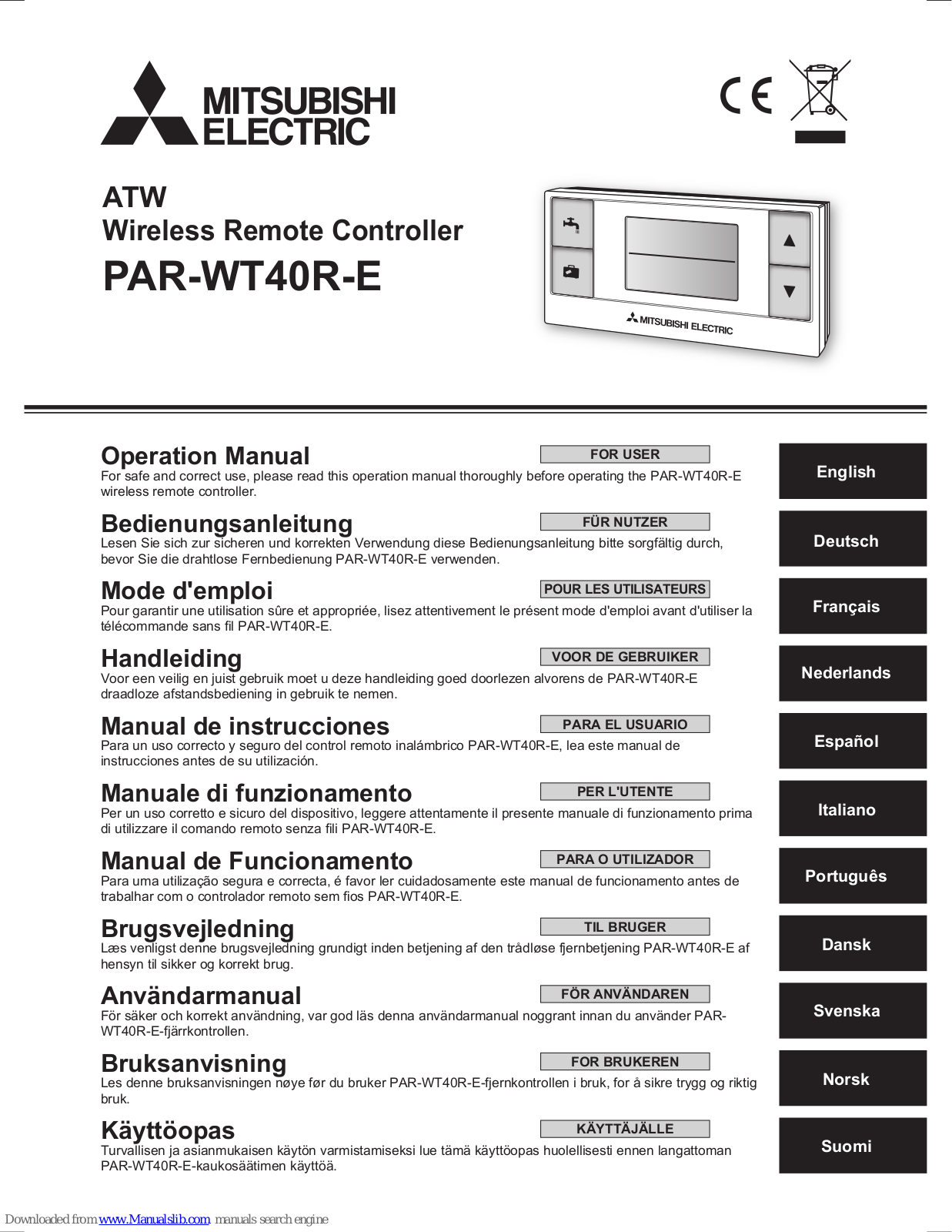 Mitsubishi Electric ATW PAR-WT40R-E Operation Manual