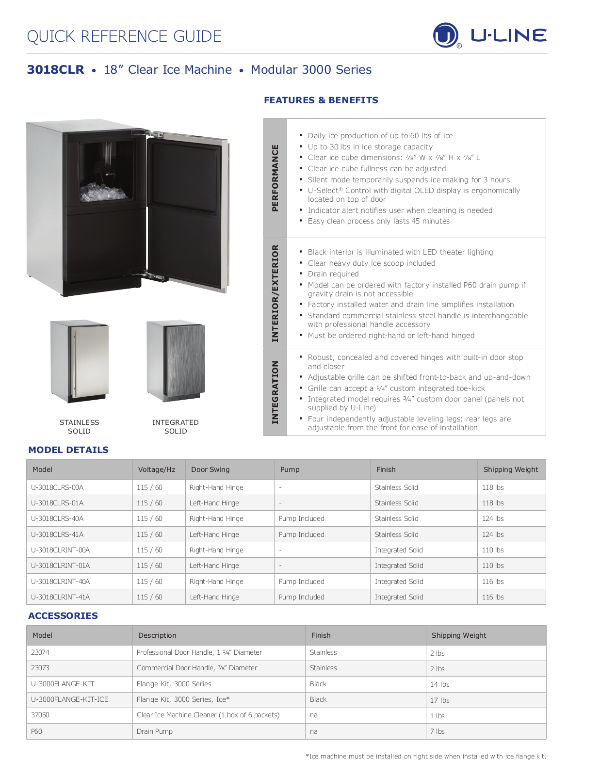 U-Line U3018CLRINT01A Specifications