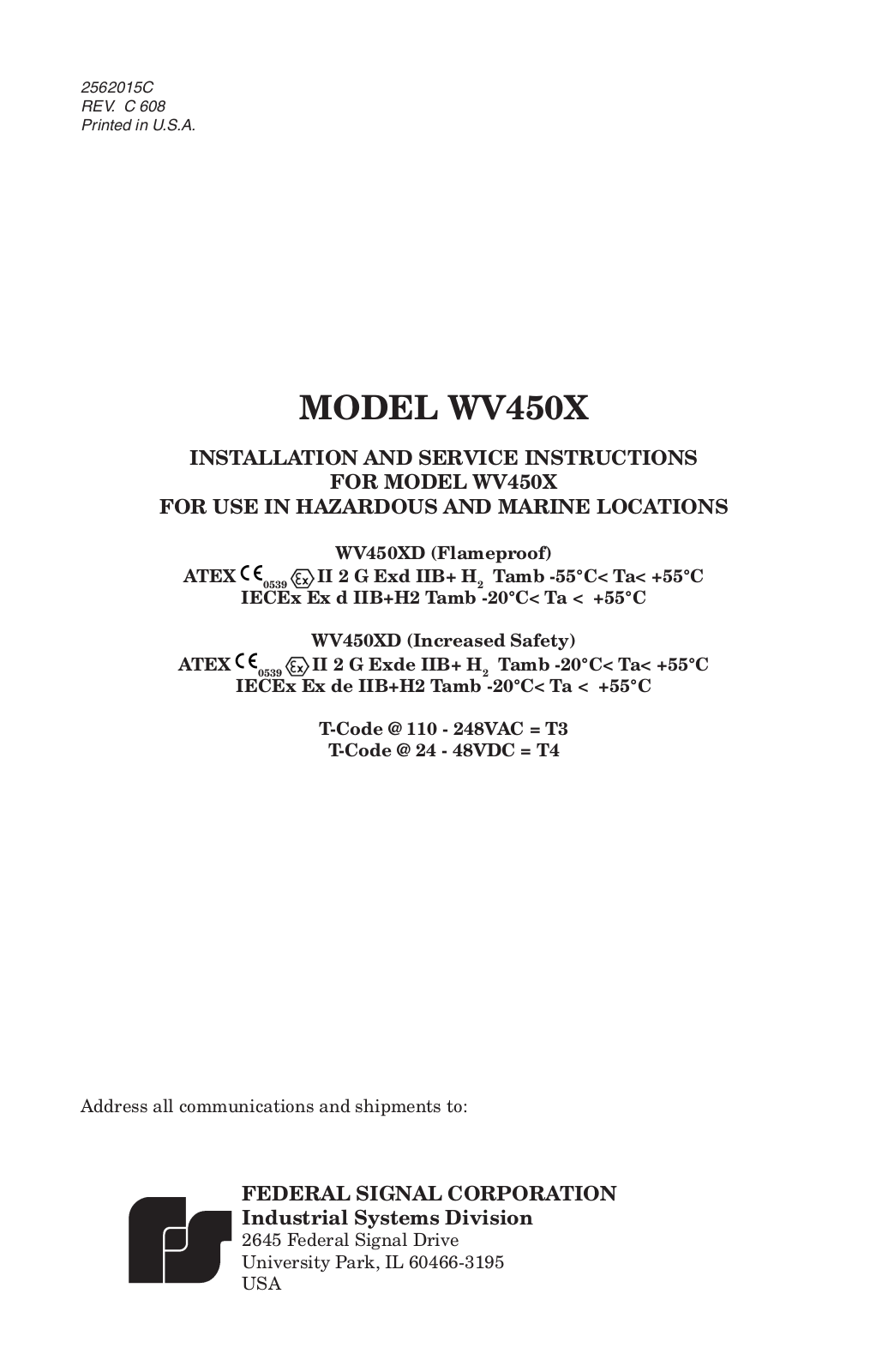 Federal Signal WV450X Installation Guide