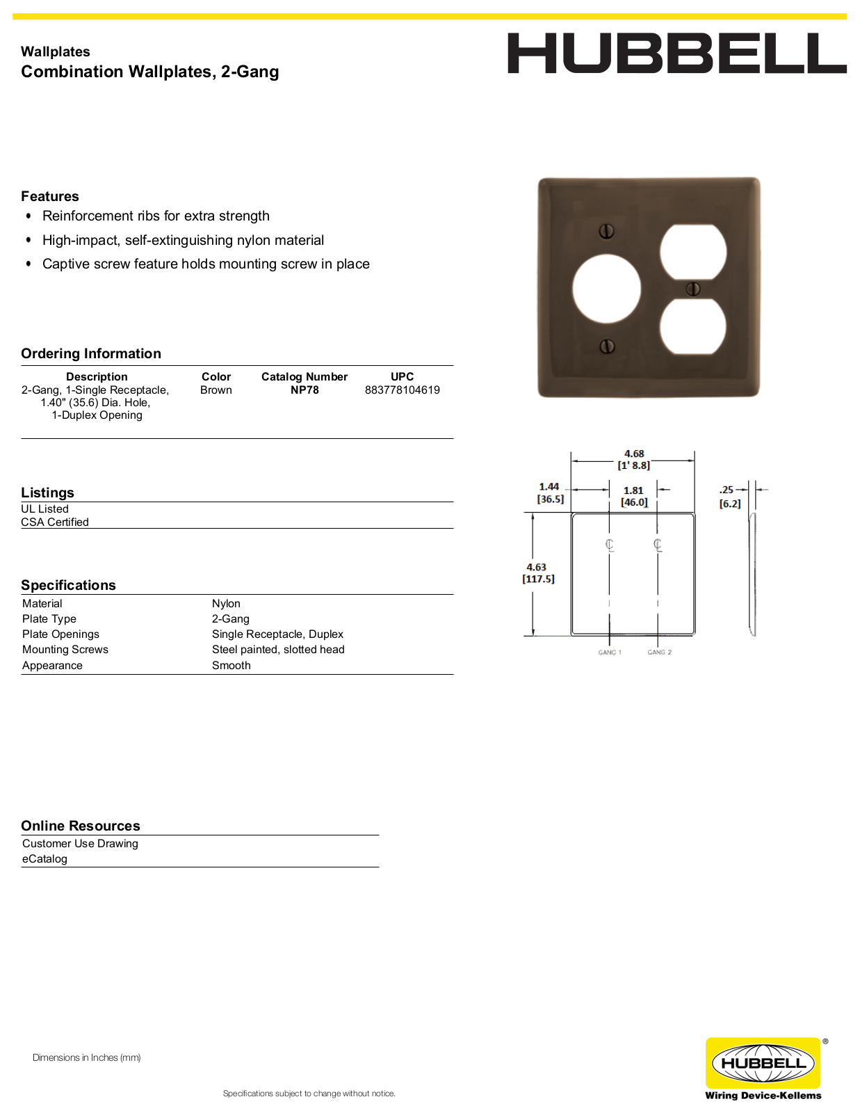 Hubbell NP78 Specifications