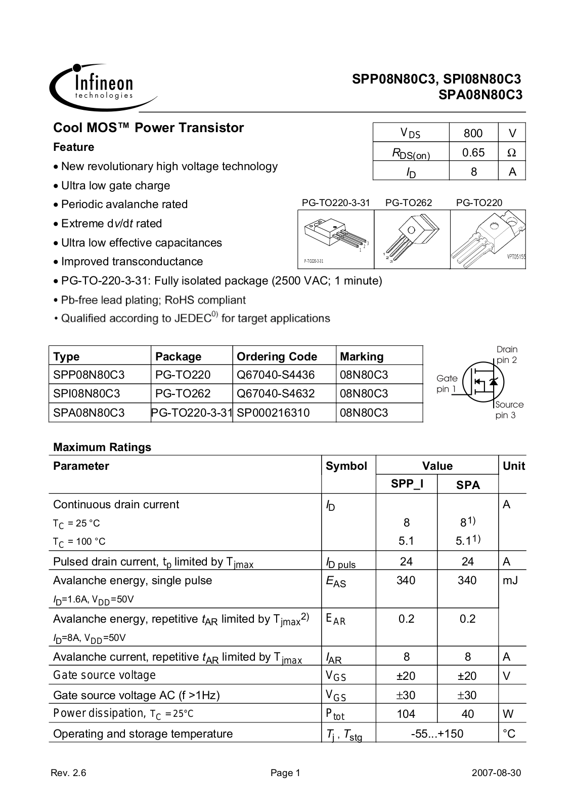 INFINEON SPP08N80C3, SPI08N80C3, SPA08N80C3 User Manual