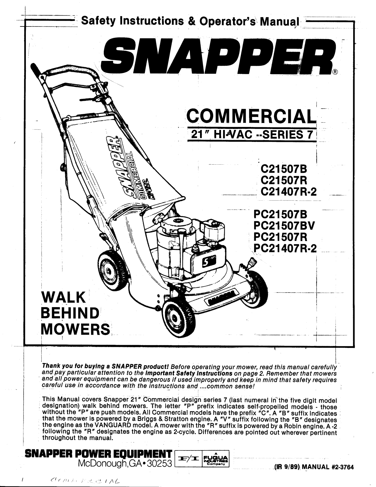 Snapper PC21507BV, PC21507R, PC21407R-2, PC21507B User Manual