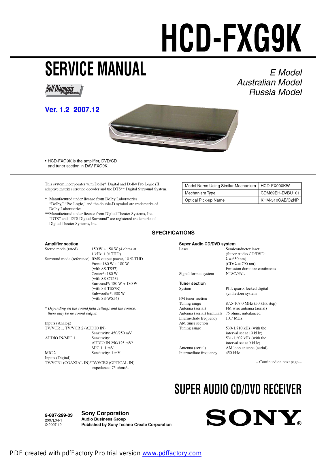 SONY HCD-FXG9K Service Manual