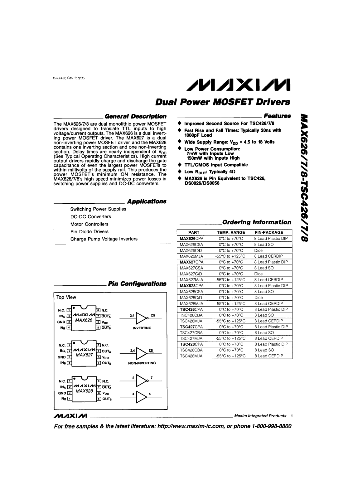 Maxim TSC428MJA, TSC428CPA, TSC428CBA, TSC427MJA, TSC427CPA Datasheet