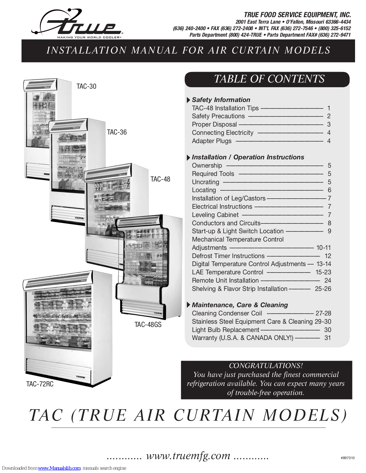 True TAC-30, TAC-36, TAC-48GS, TAC-72RC, TAC-48 Installation Manual