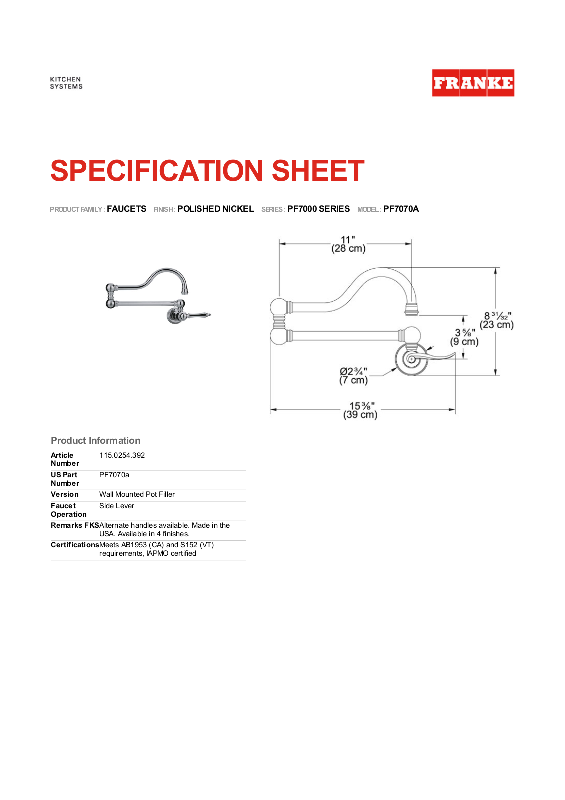 Franke Foodservice PF7070A User Manual