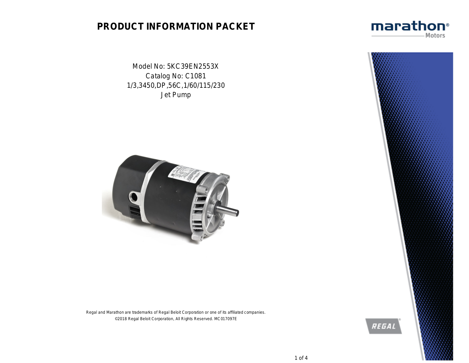 Marathon Electric 5KC39EN2553X Product Information Packet