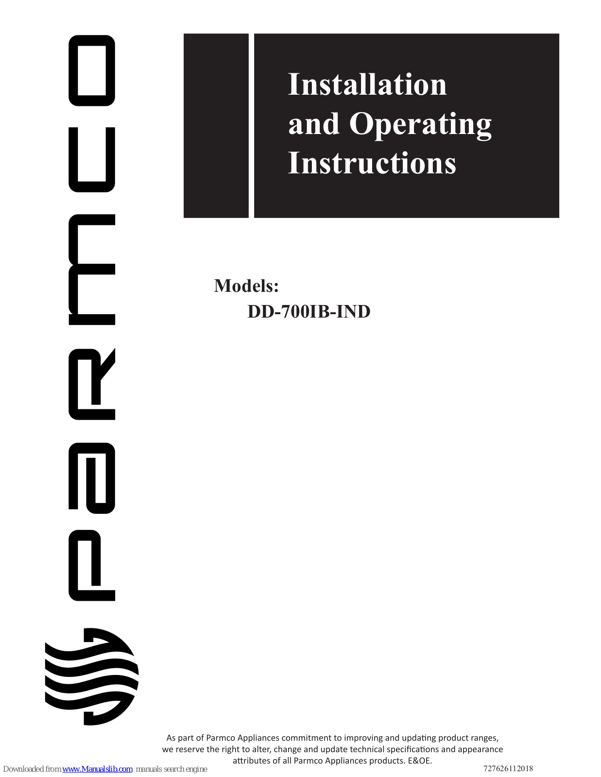 Parmco DD-700IB-IND Installation And Operating Instructions Manual