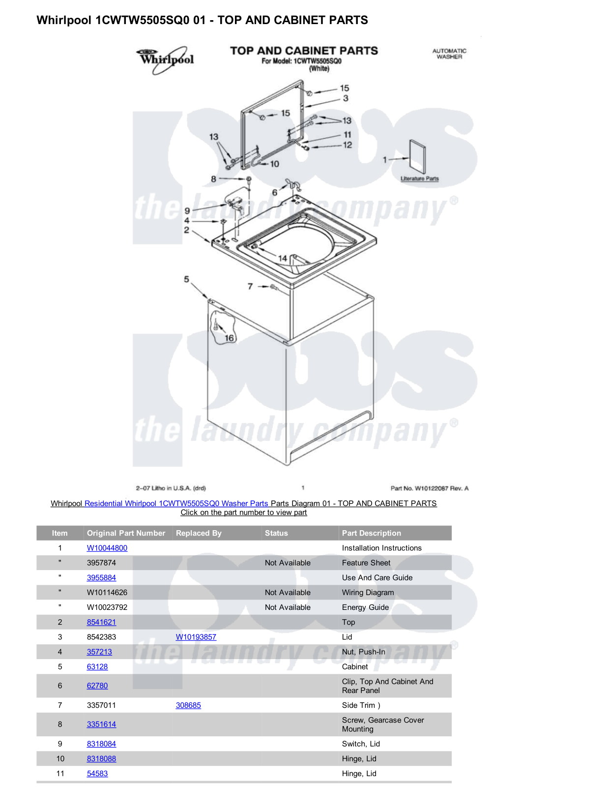 Whirlpool 1CWTW5505SQ0 Parts Diagram