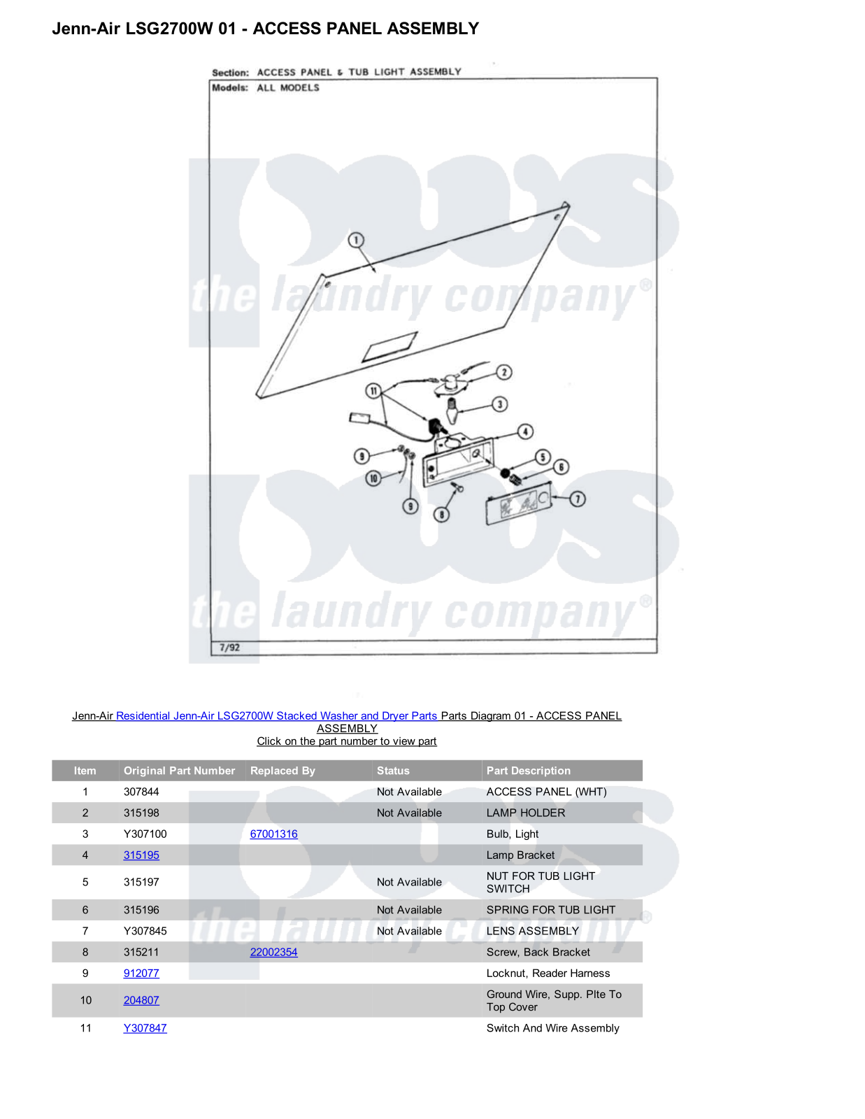 Jenn-Air LSG2700W Stacked and Parts Diagram