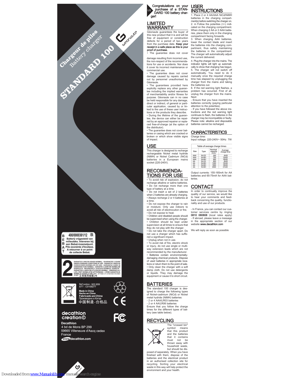 GEONAUTE BATTERY CHARGER 100, Standard 100 User Manual