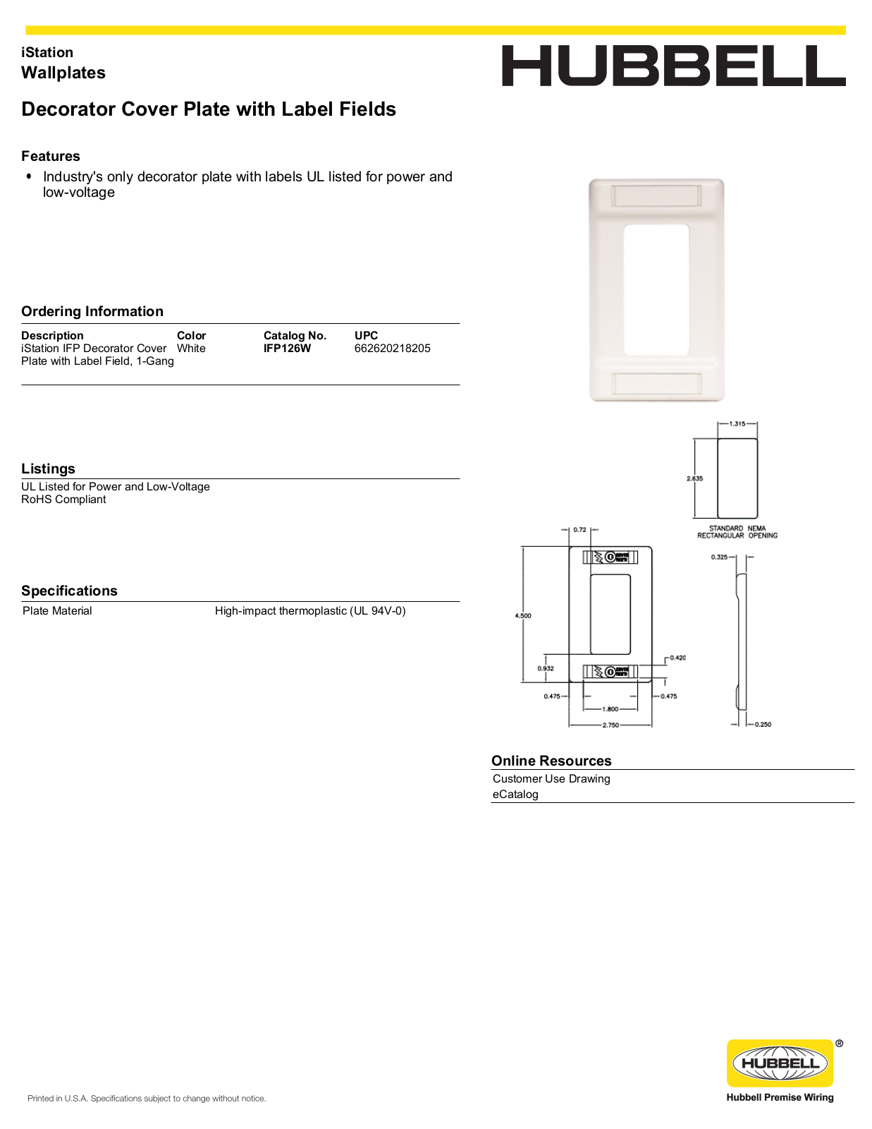 Hubbell IFP126W Specifications