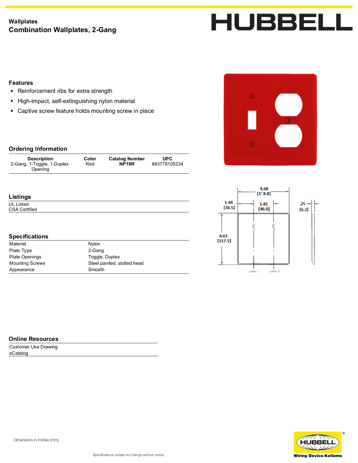 Hubbell NP18R Specifications