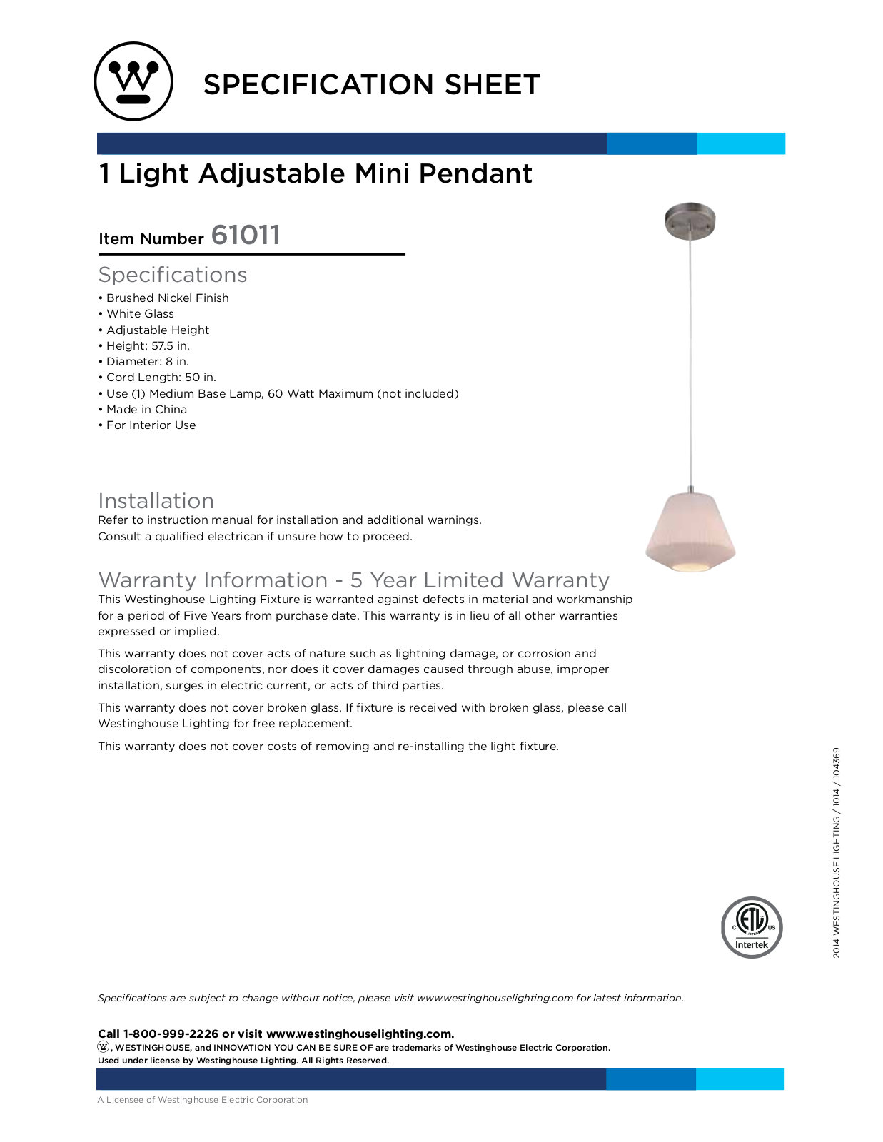 Westinghouse 6101100 Specification