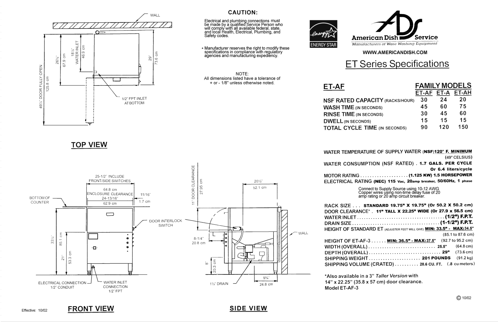 American Dish ETAF, ET-A Specifications