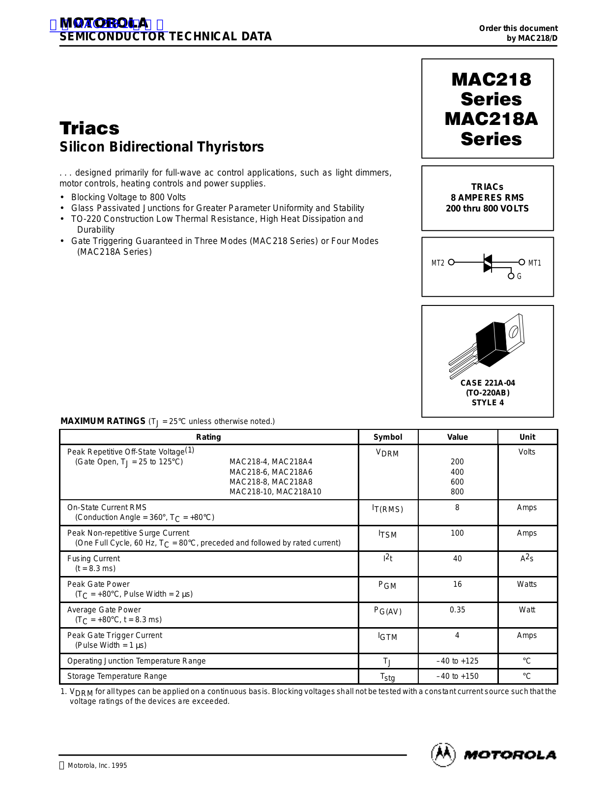 MOTOROLA MAC218 Technical data