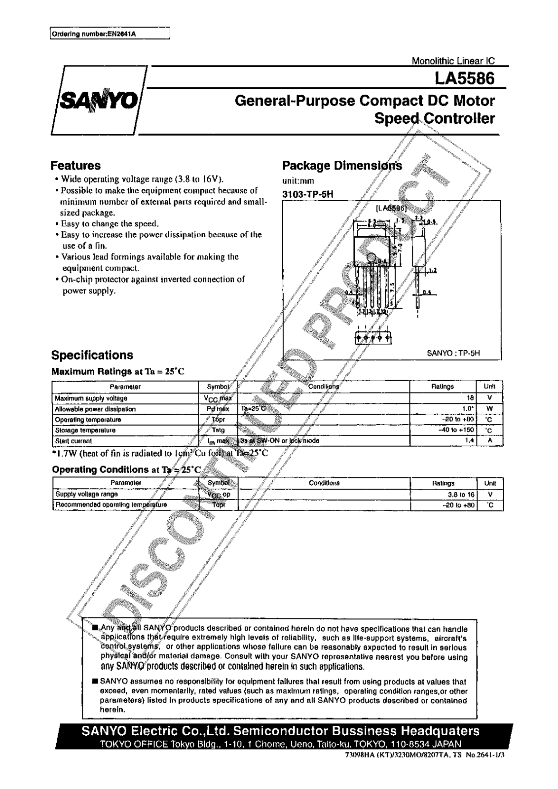 Sanyo LA5586 Specifications