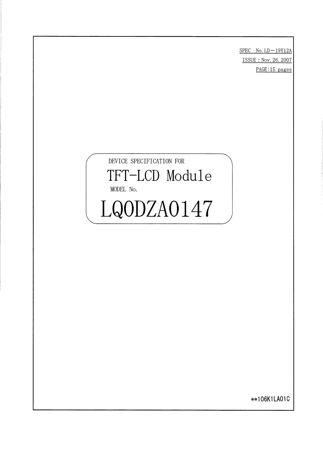 SHARP LQ281L1LW12, LQ0DZA0147 Specification