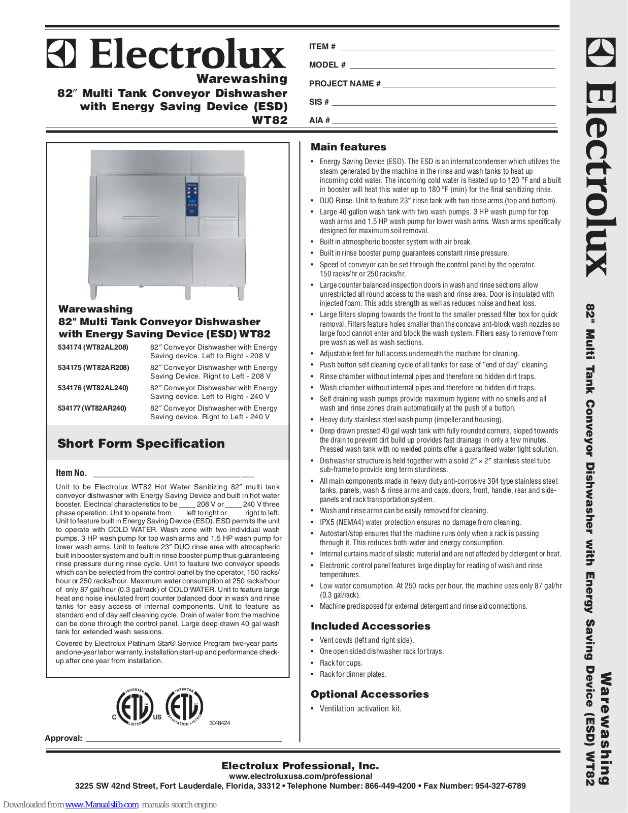 Electrolux 534176, 534175, 534177, WT82AL208, WT82AL240 Specification Sheet - ManualMachine.com