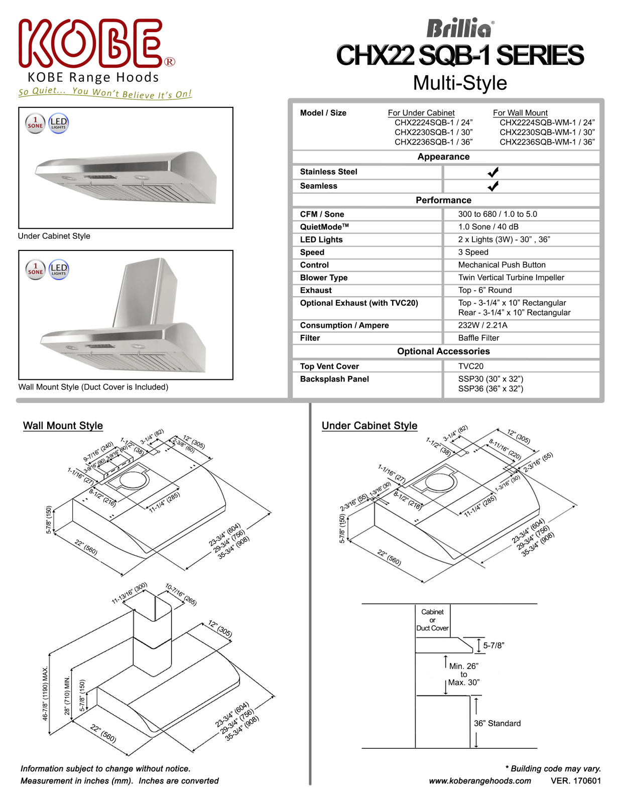 Kobe CHX2230SQB1, CHX2236SQB1 PRODUCT SPECIFICATIONS