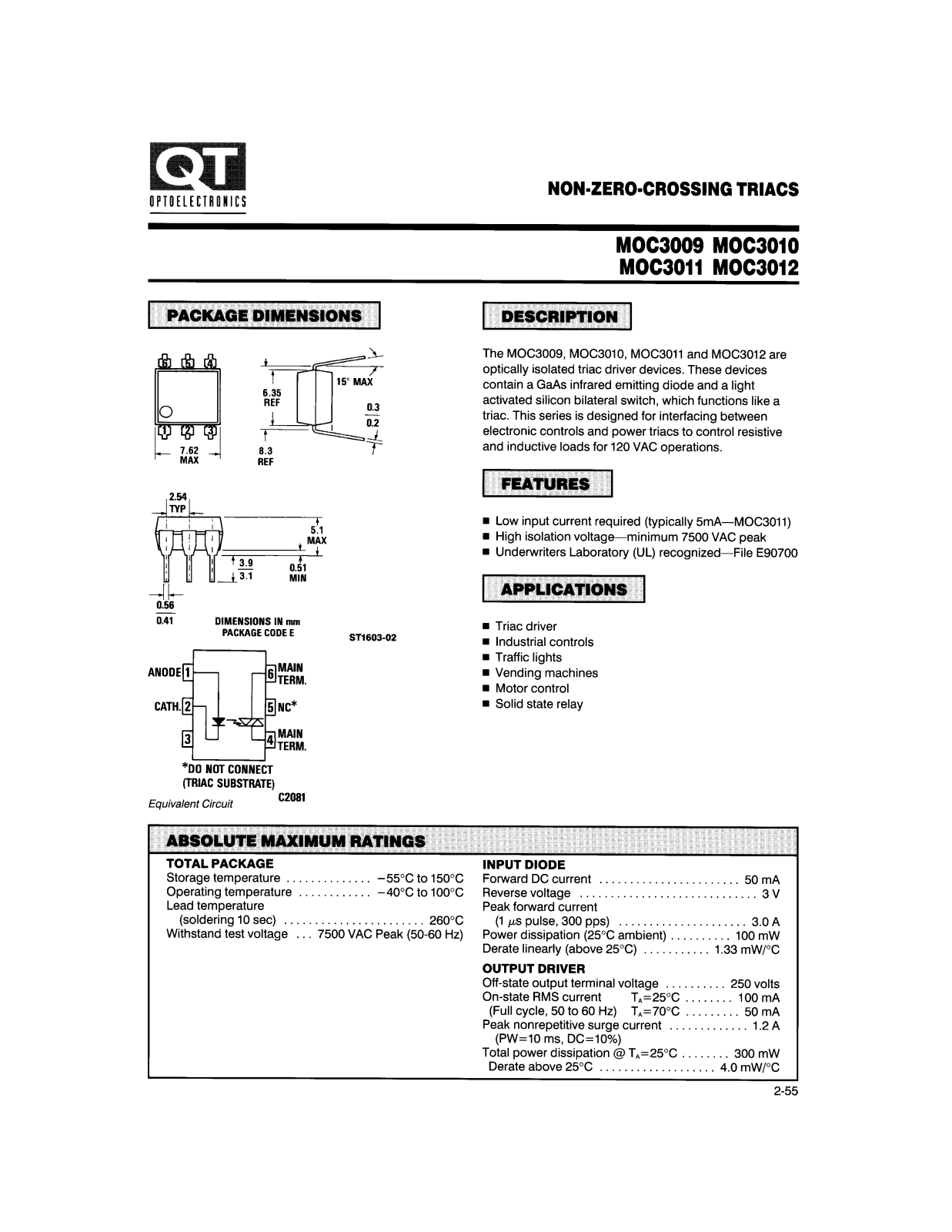 QT MOC3012, MOC3011, MOC3010 Datasheet