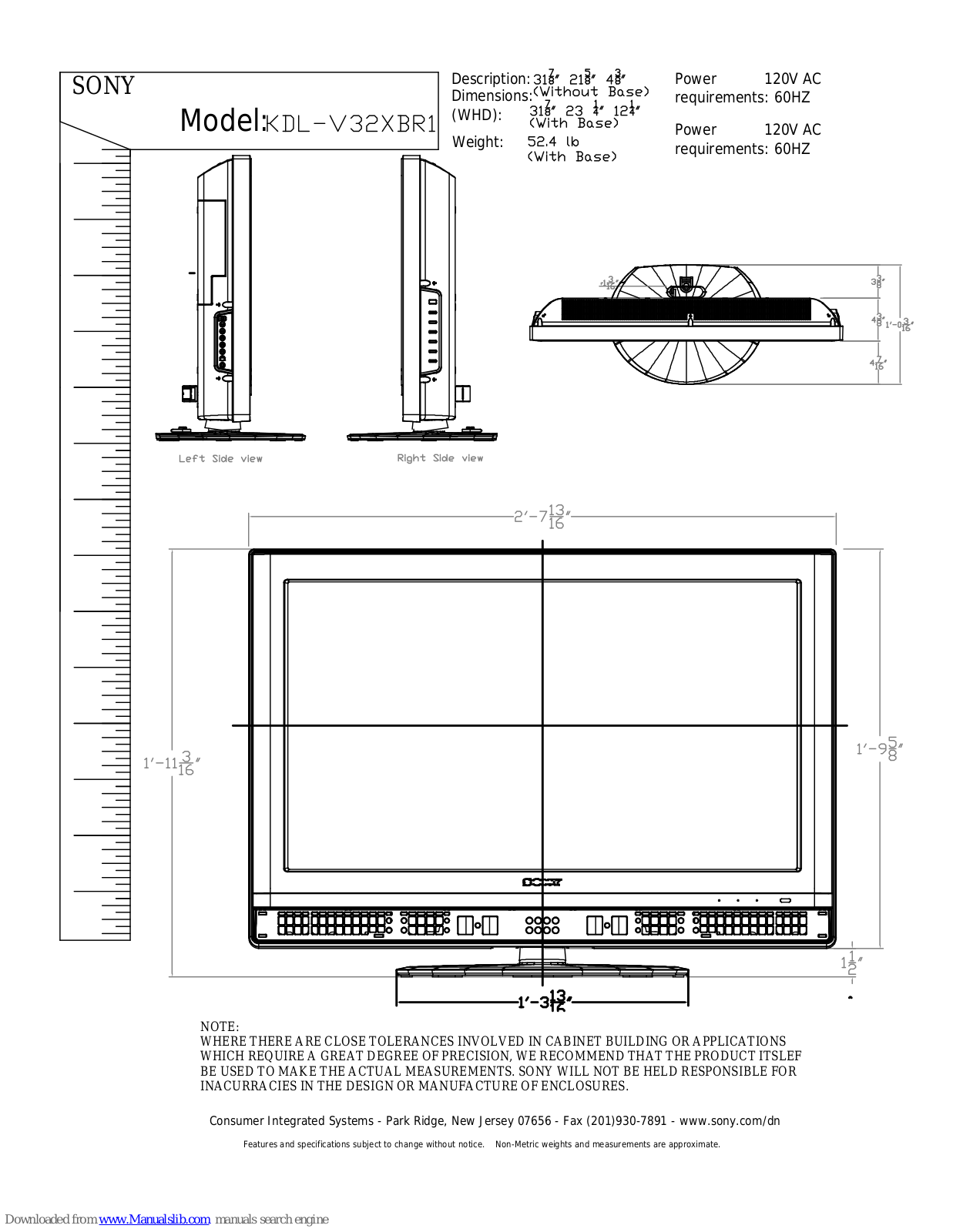 Sony BRAVIA KDL-V32XBR1 Dimensional Drawing