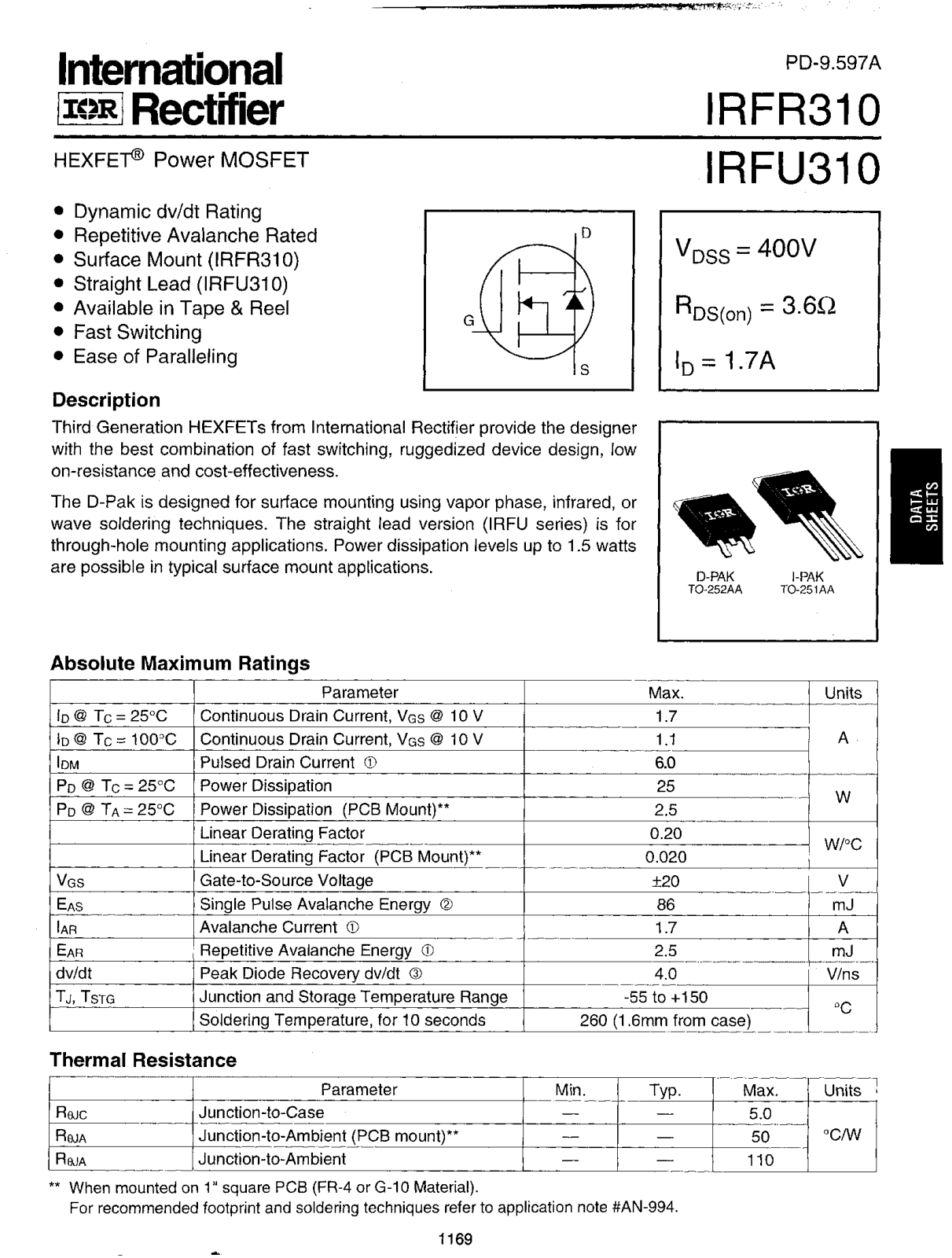 International Rectifier IRFR310, IRFU310 Datasheet