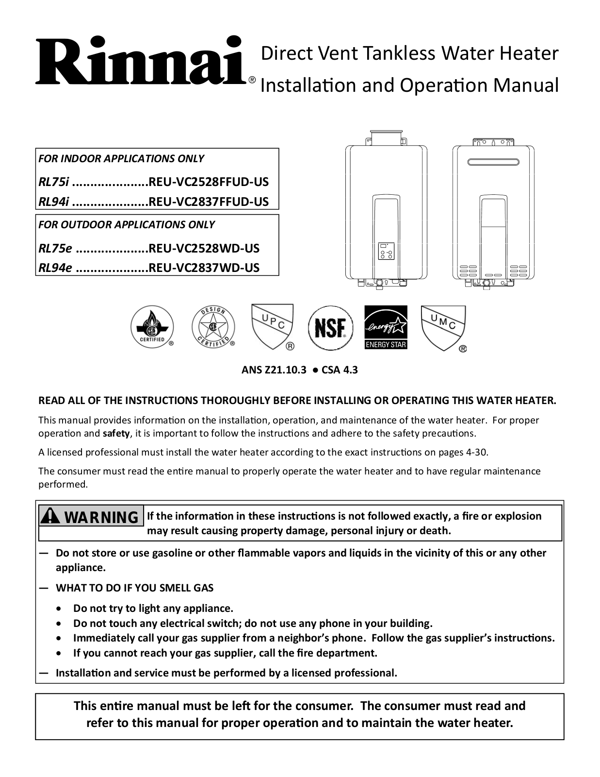 Rinnai Rice Cooker RL94i (REU‐VC2837FFUD‐US), RL75e (REU‐VC2528WD‐US), RL94e (REU‐VC2837WD‐US) Installation  Manual