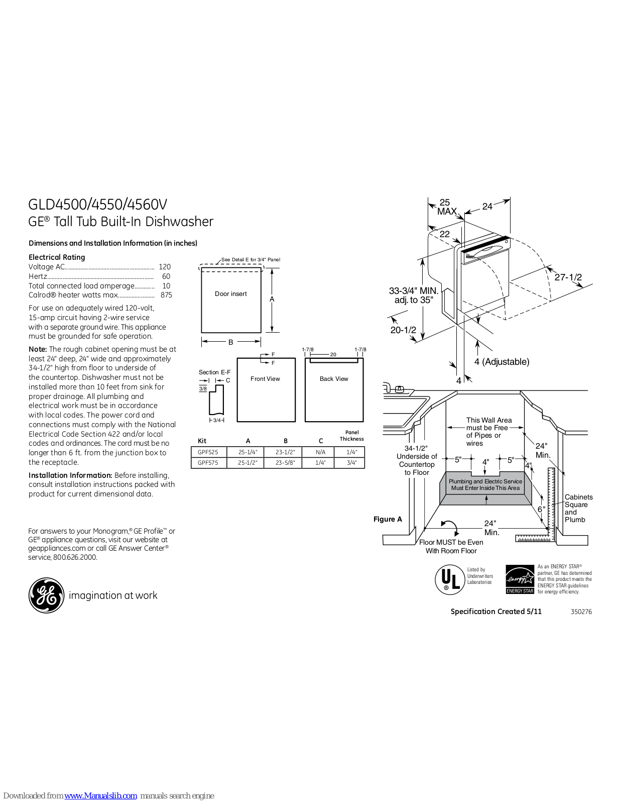 GE GLD4550VCS, GLD4560VSS, GLD4550V, GLD4560V Dimensions And Installation Information