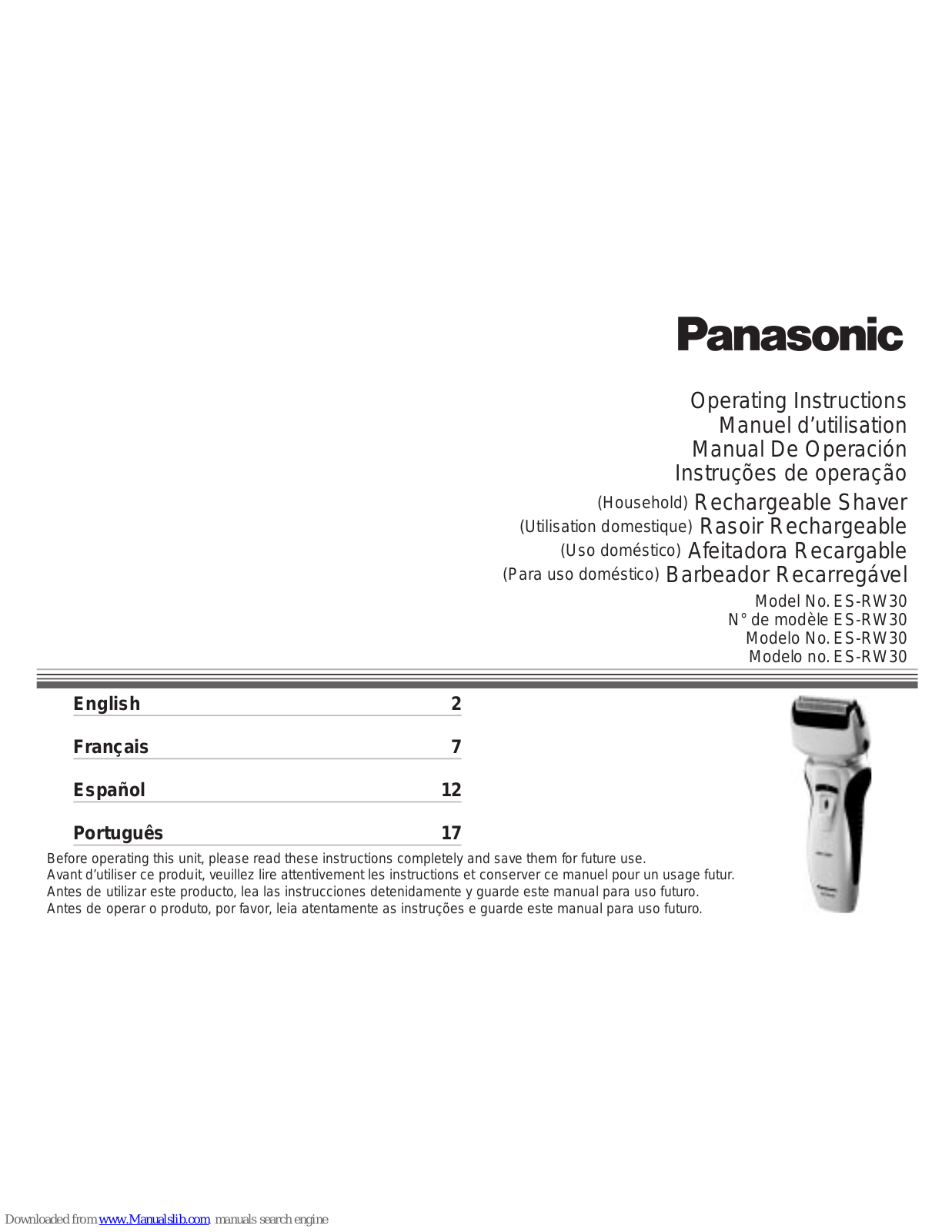 Panasonic ES-RW30-S, ES‑RW30 Operating Instructions Manual