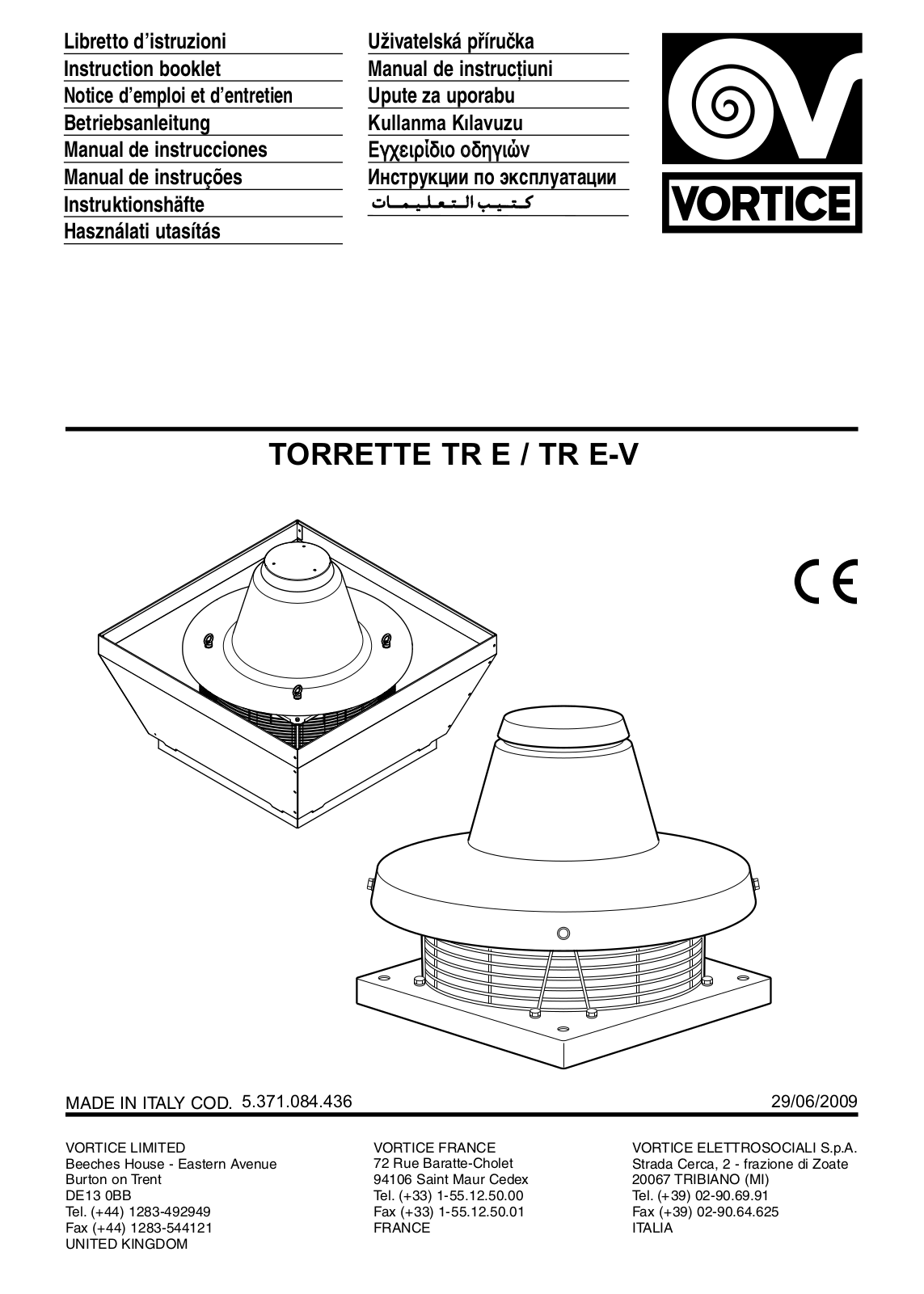 Vortice TORRETTE TR E, TORRETTE TR E-V Instruction Booklet