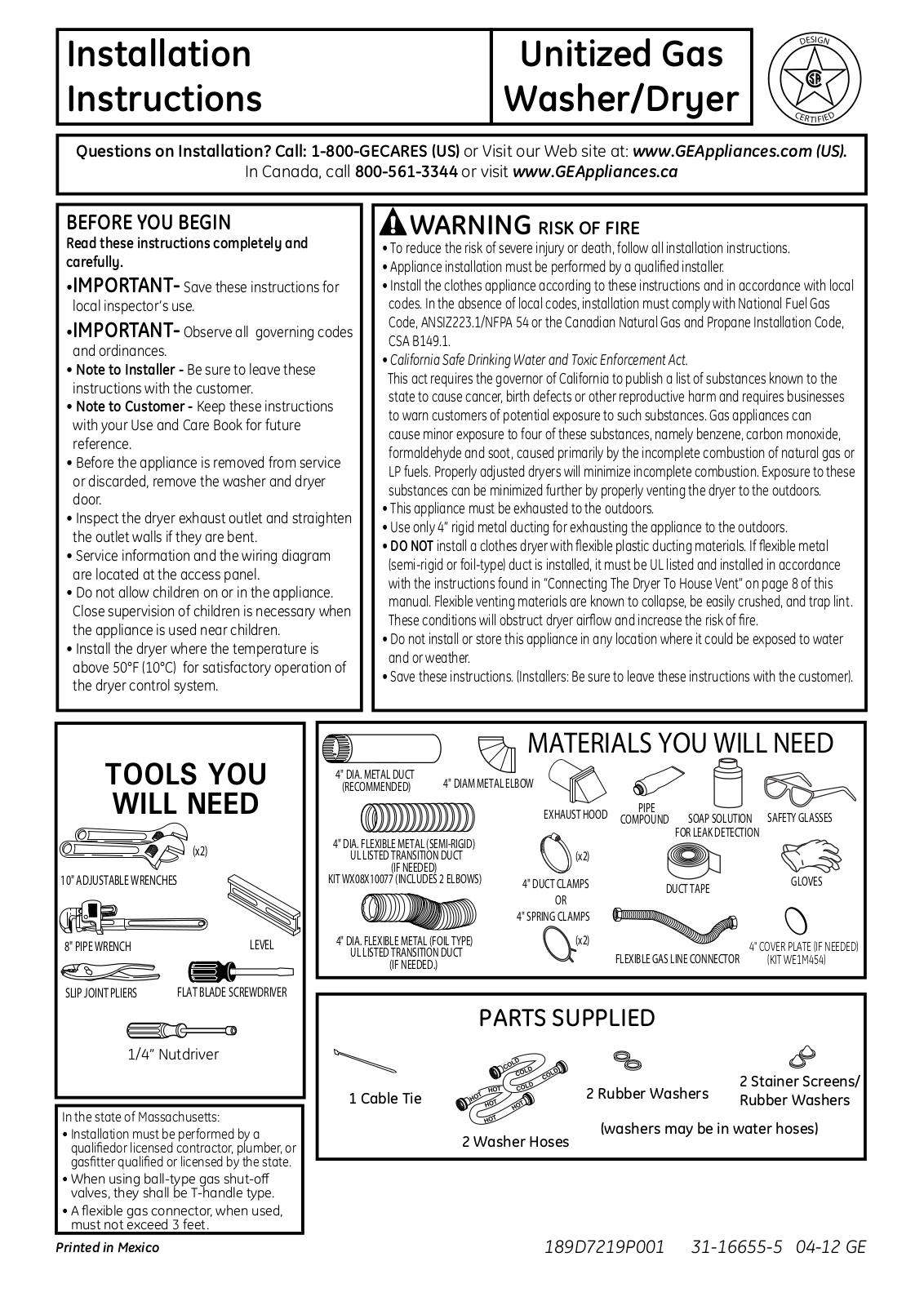 GE GTUP270GMWW Installation Instruction