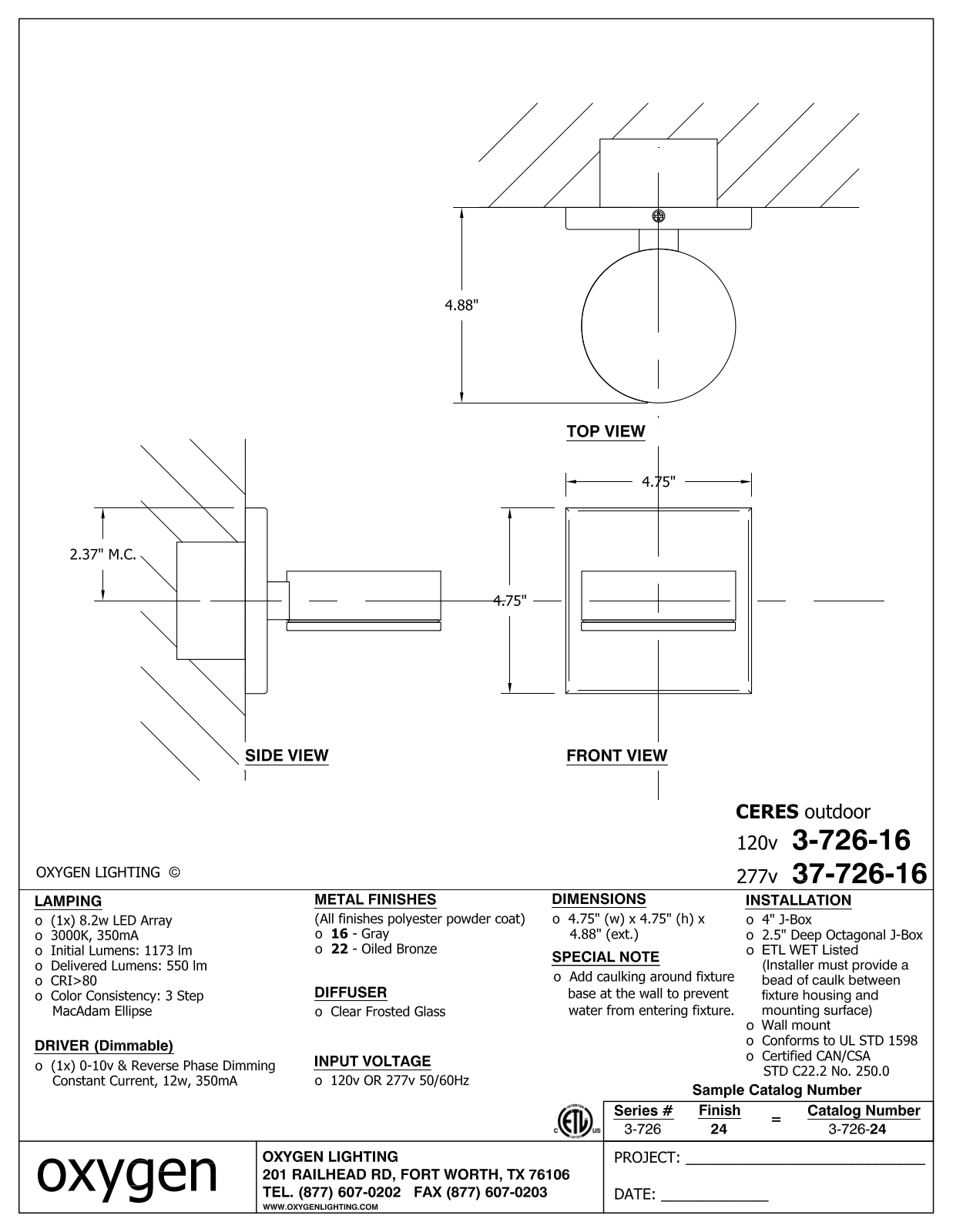Oxygen Lighting OXGN1266 Specifications - ManualMachine.com