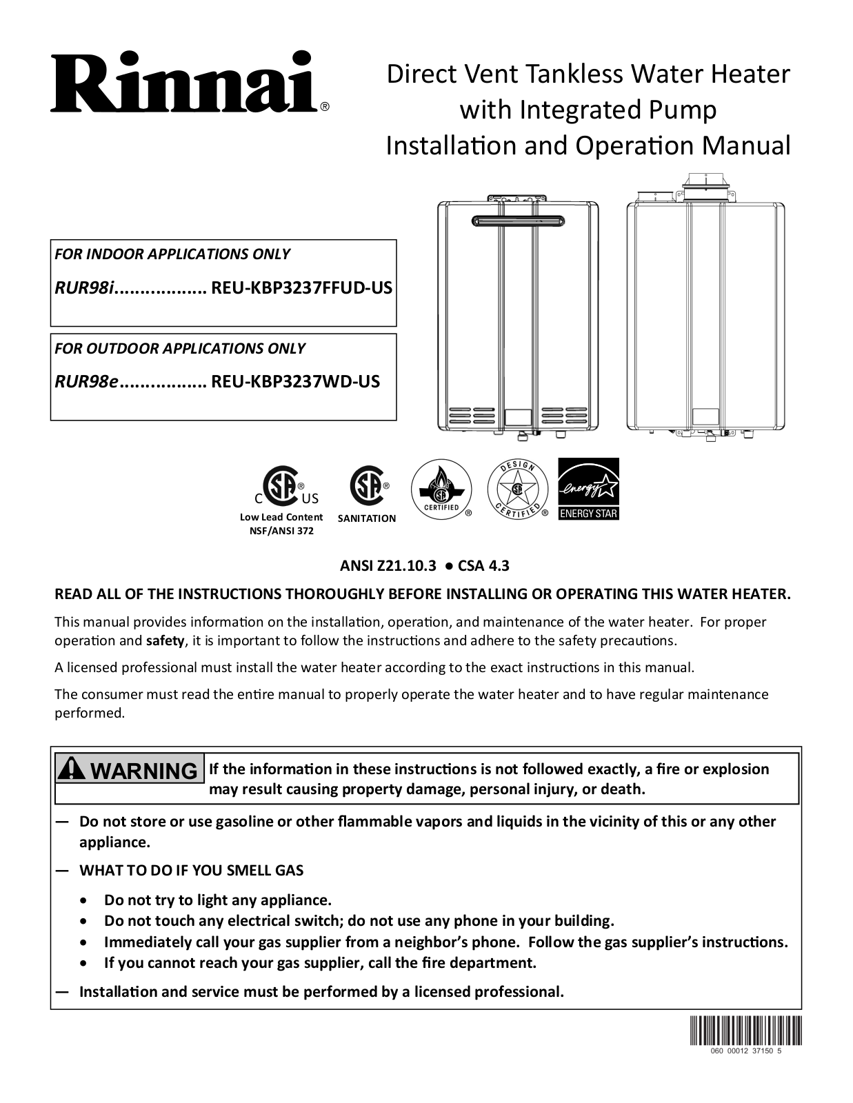 Rinnai Water Heater RUR98eN Installation  Manual