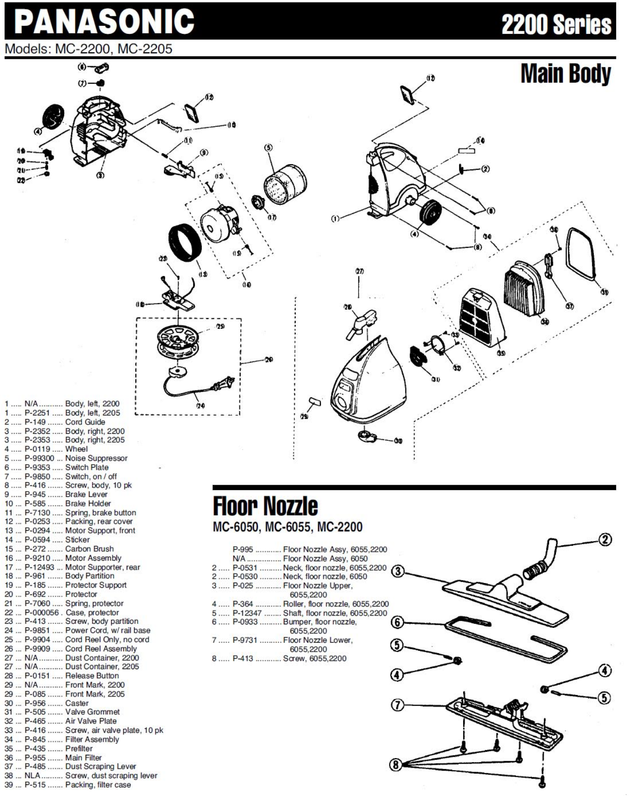 Panasonic 2205 Parts List