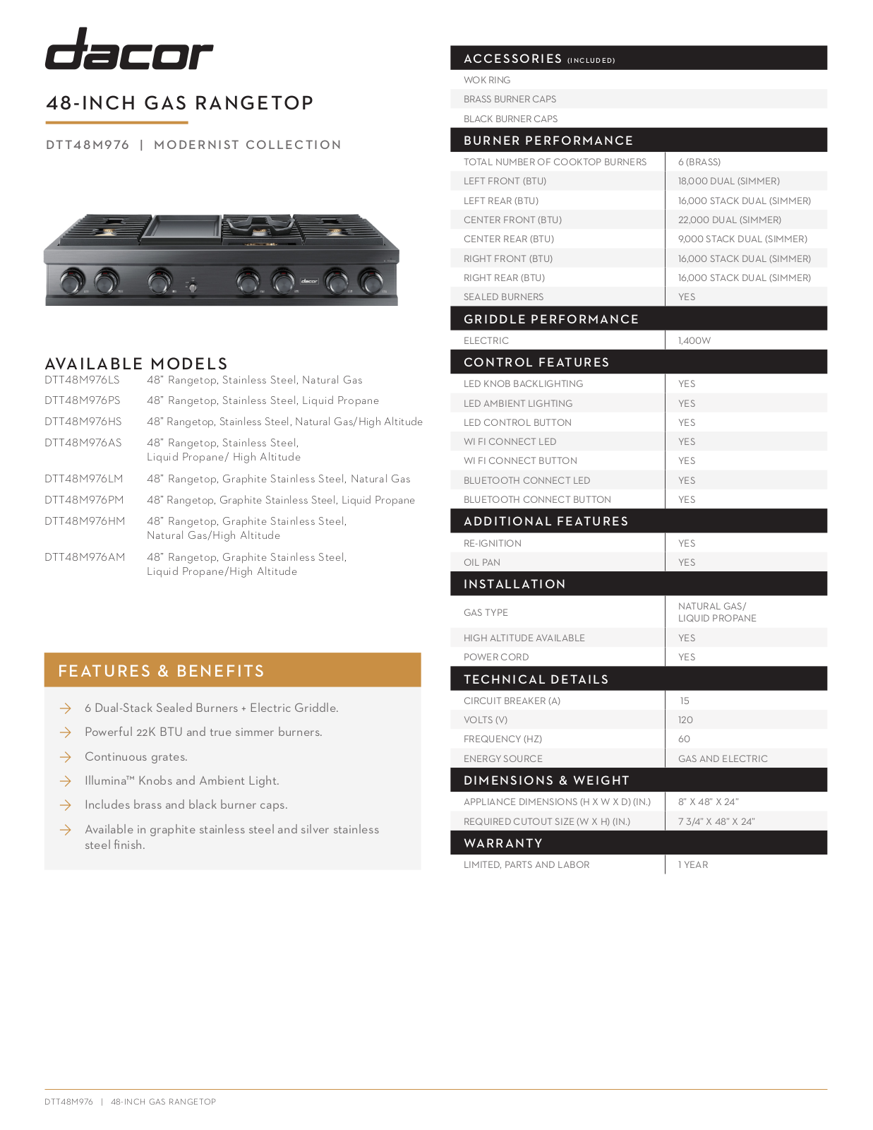 Dacor DTT48M976LS, DTT48M976PS, DTT48M976HS, DTT48M976AS, DTT48M976PM Specification Sheet