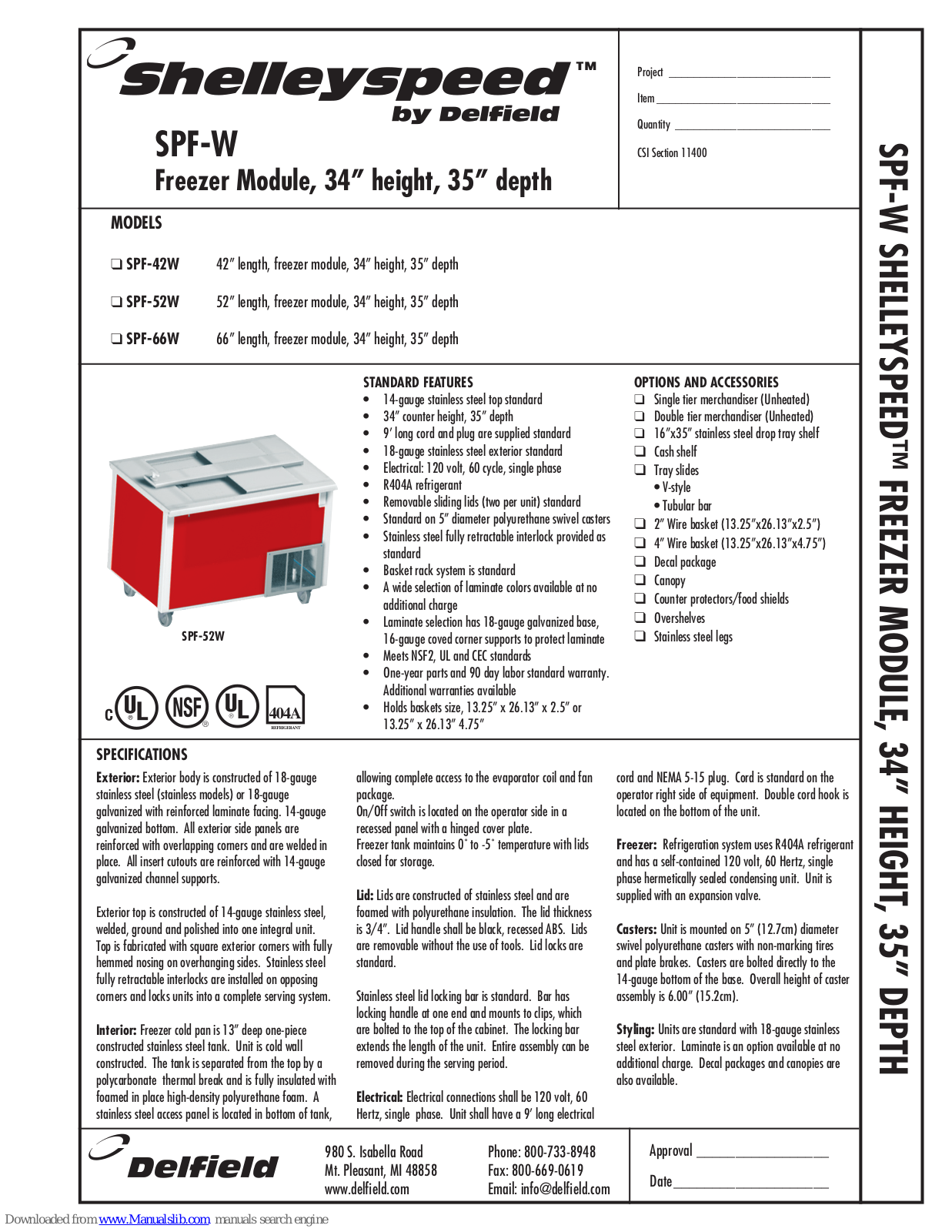 Delfield Shelleyspeed SPF-42W, Shelleyspeed SPF-52W, Shelleyspeed SPF-66W Specifications