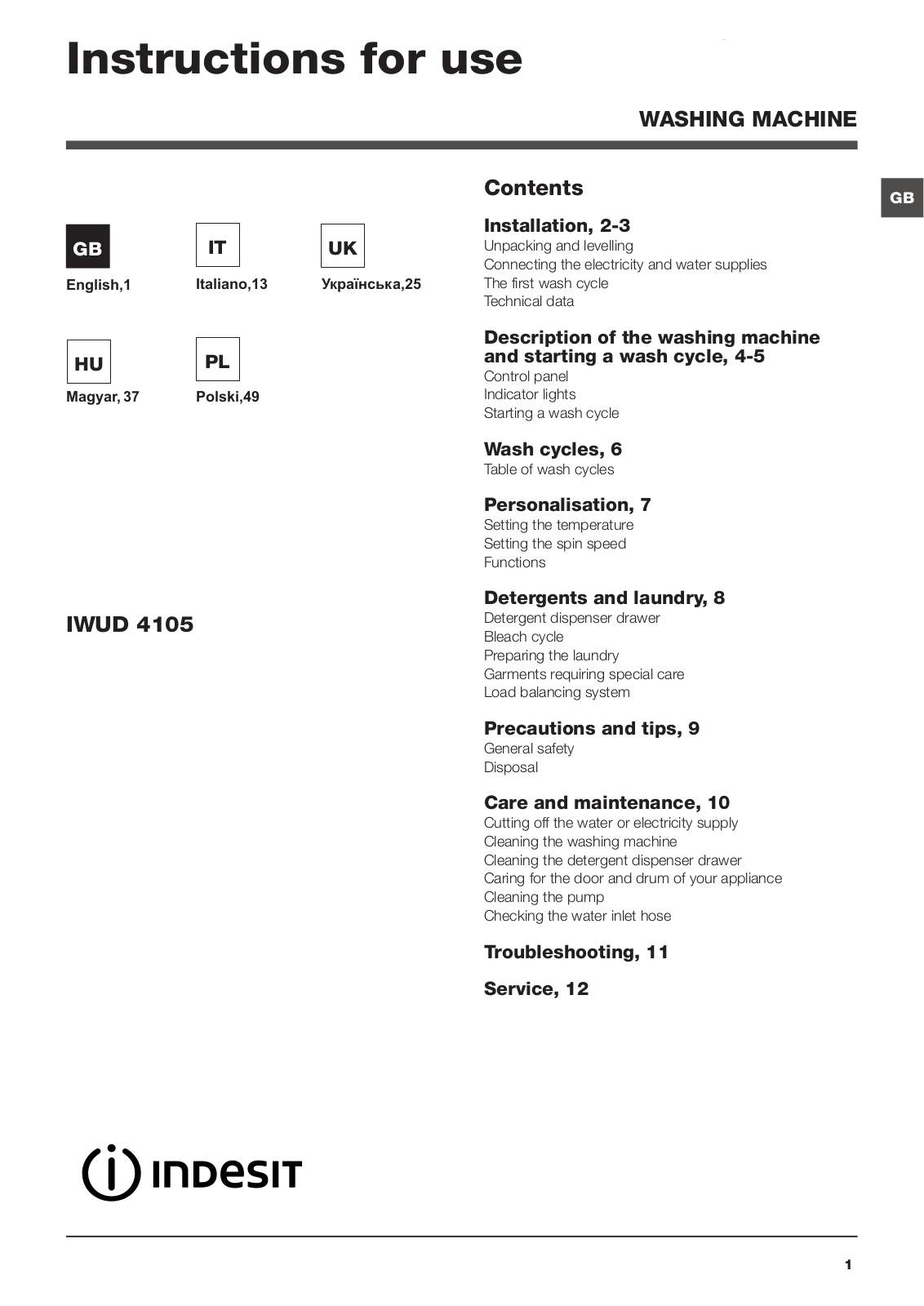 Indesit 4105 Instructions For Use Manual