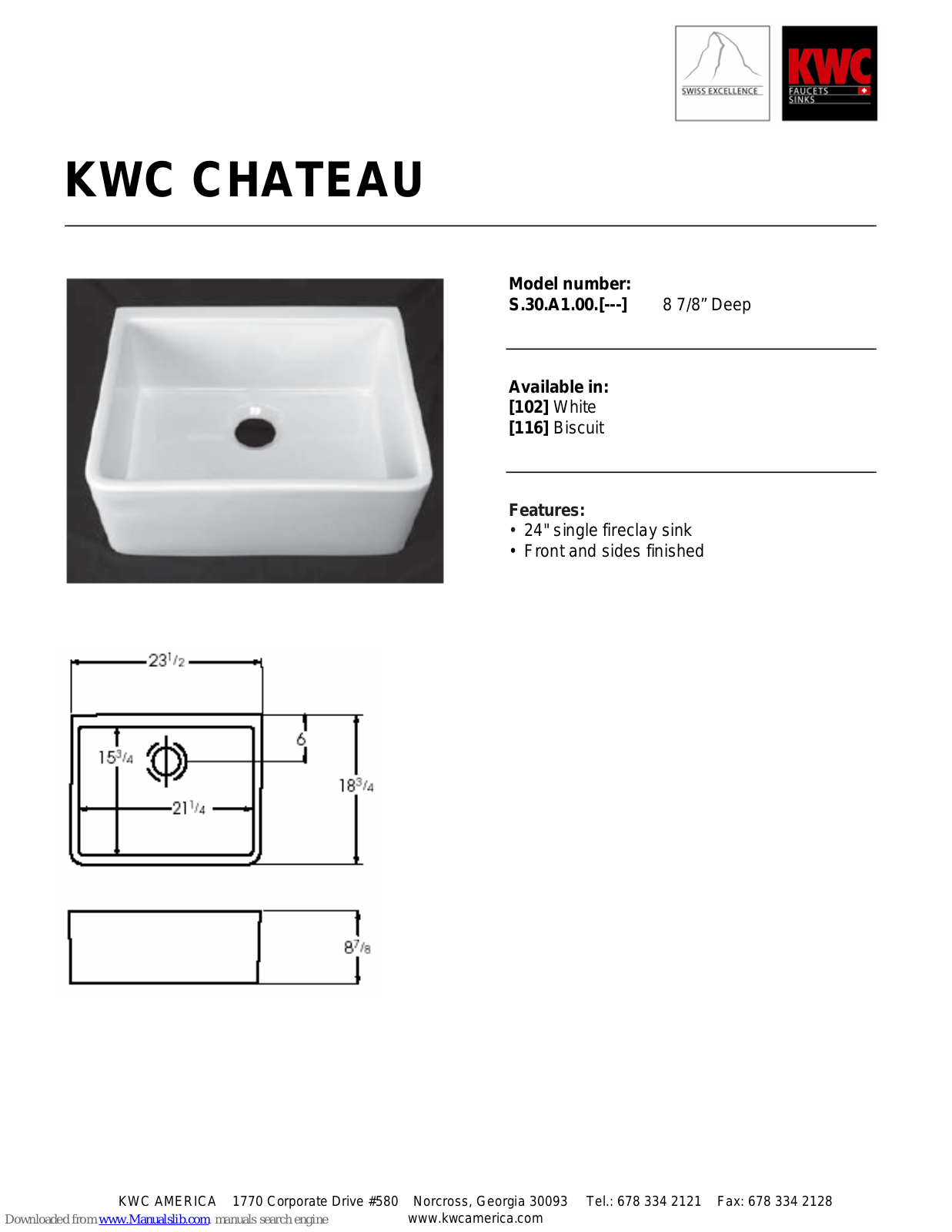 KWC Chateau S.30.A1.00., Chateau S.30.A1.00.102, Chateau S.30.A1.00.116 Specifications