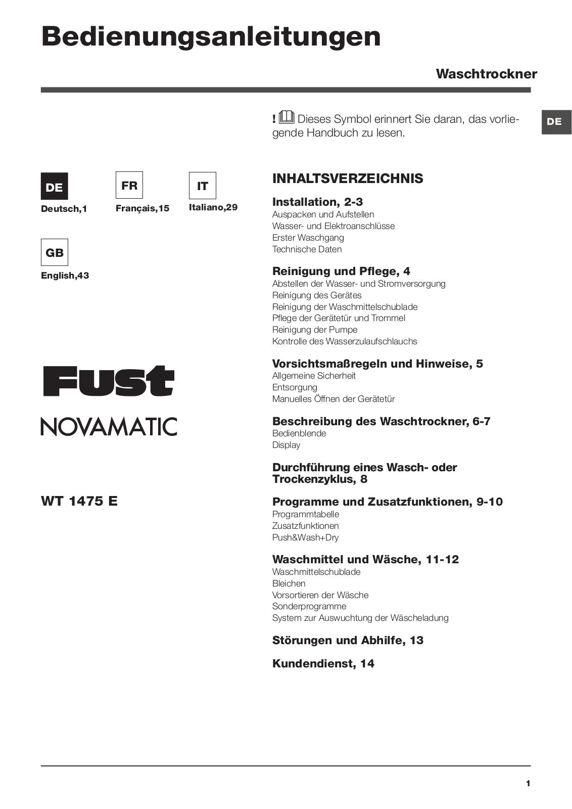 NOVAMATIC WT 1475 E User Manual