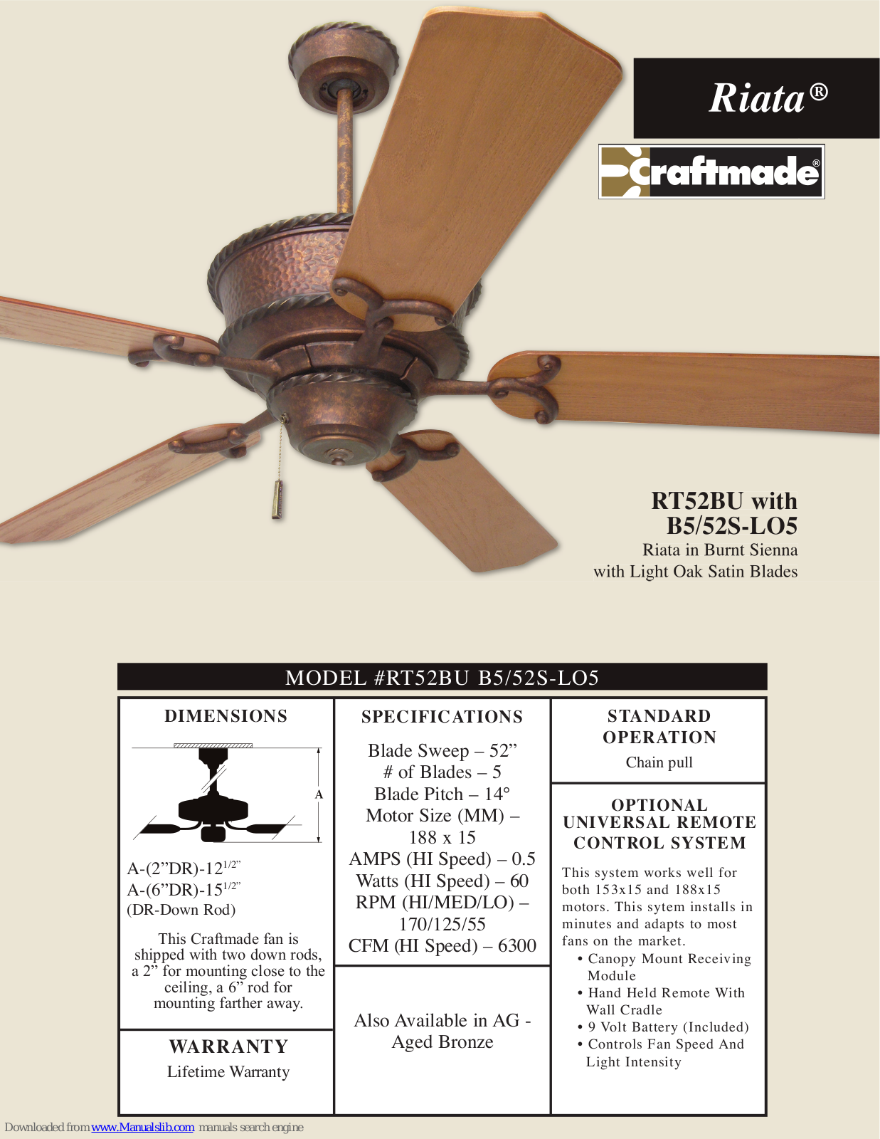 Craftmade RT52, Riata RT52BU Specifications - ManualMachine.com